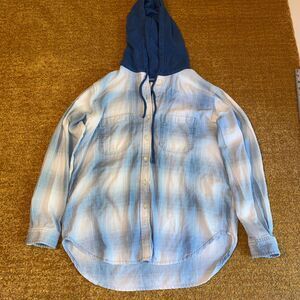 American Eagle Blue Plaid Hooded Button Up Shirt Womens Small Oversized
